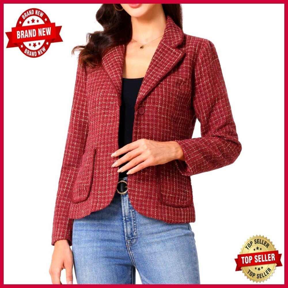 Tweed Blazer Notch Lapel Long Sleeve Business Casual Jacket Regular Fit